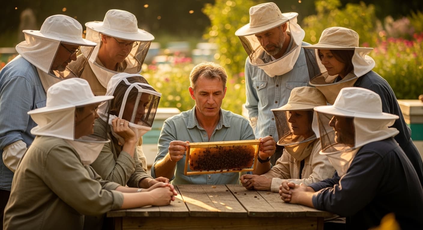 Imkerin im Gespraech mit Kunden beim Honigverkauf