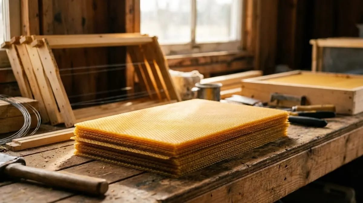 A stack of embossed golden beeswax foundation sheets on an old wooden workbench, with wire, empty frames and a window in the background.