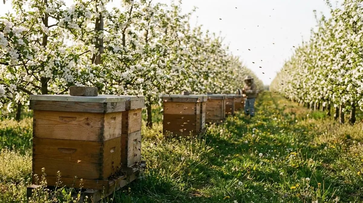 Beehives in an orchard