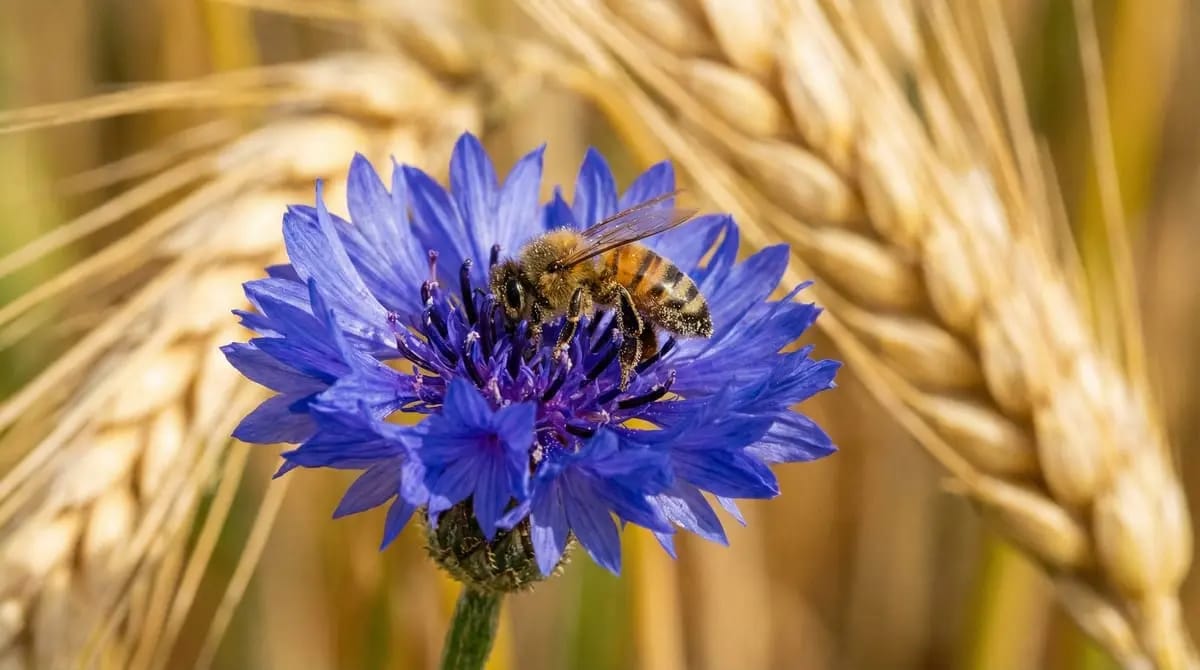 Blue cornflower with honey bee in a wheat field