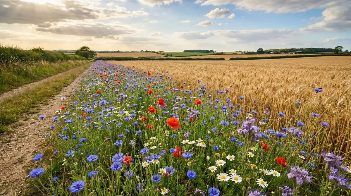 Flower strip with cornflowers and poppy at the field edge