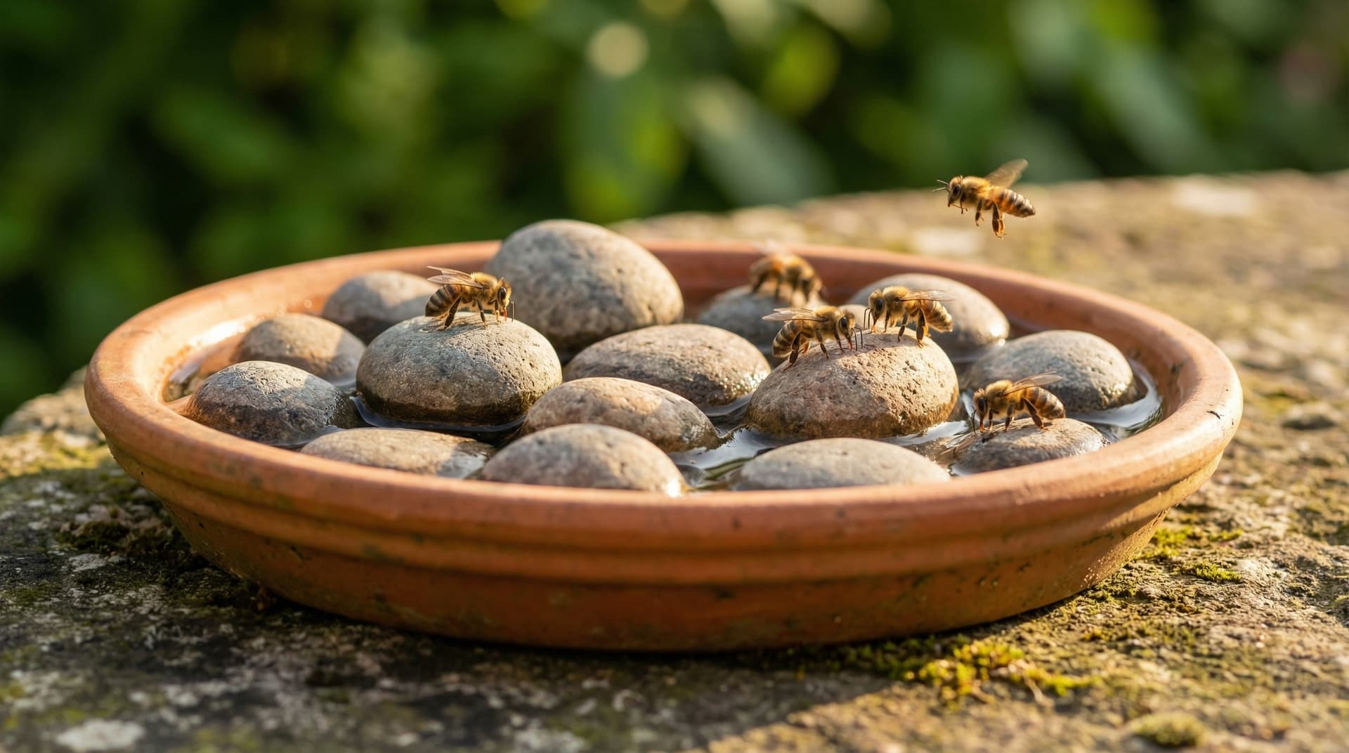 Bee waterer with pebbles as landing aids for bees