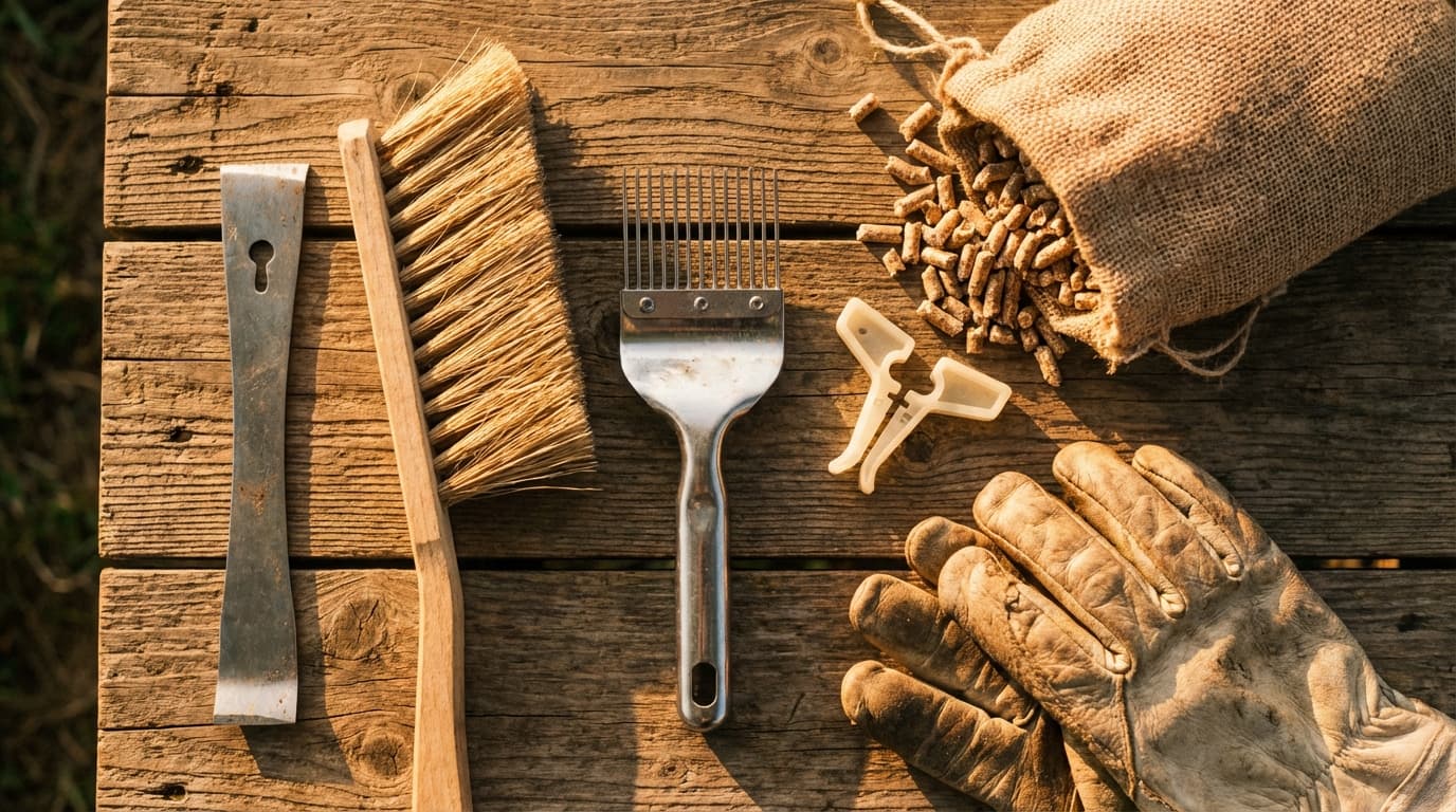 Imkerei-Werkzeuge sauber angeordnet: Stockmeißel, Smoker, Handschuhe, Besen und Schleier