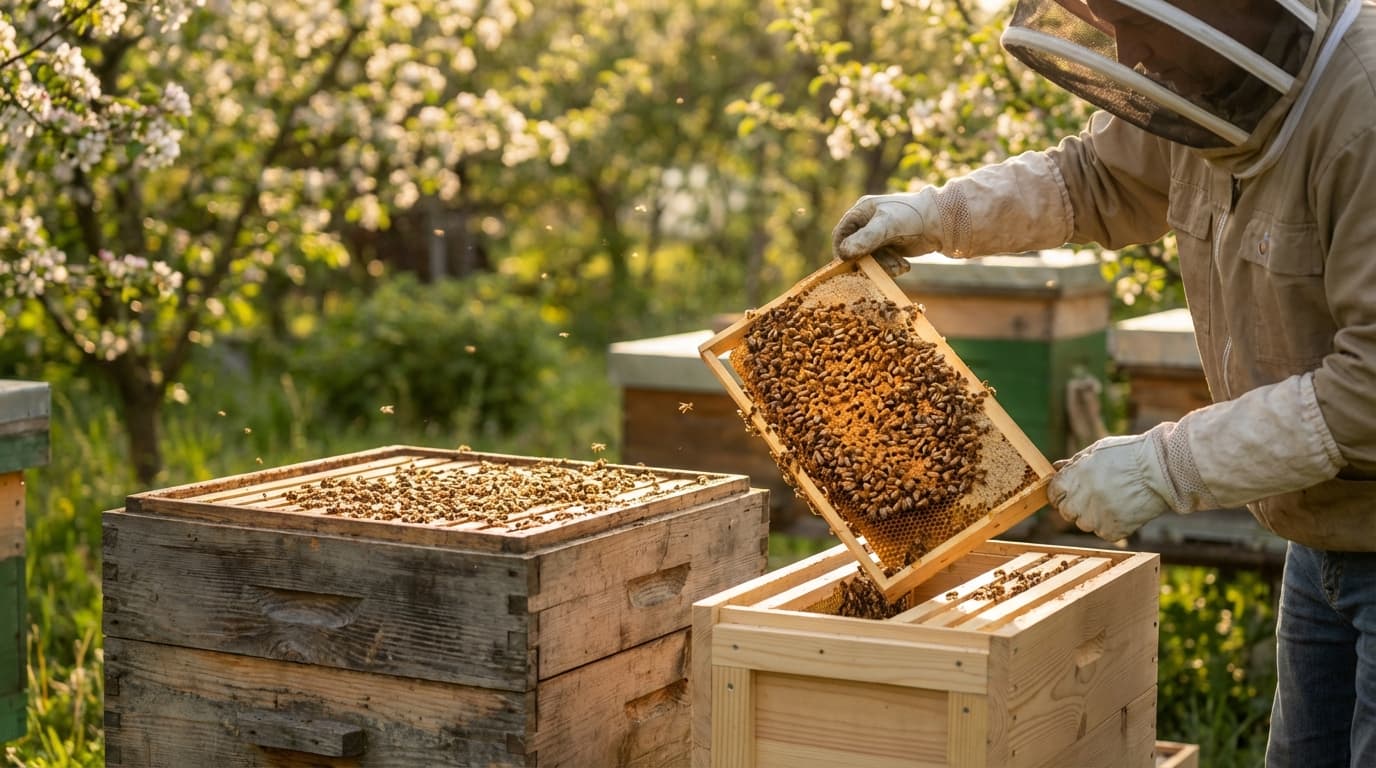 Ablegerbildung: Waben werden in eine kleine Beute umgehängt