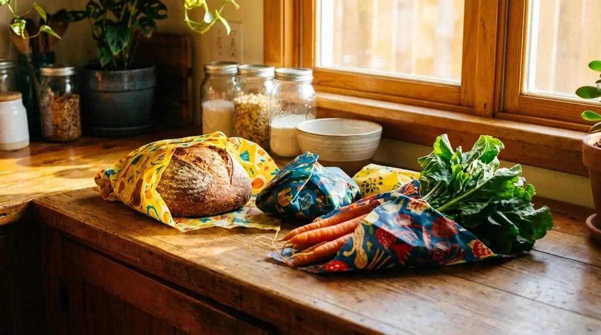 Colourful beeswax wraps as a sustainable alternative to cling film in the kitchen