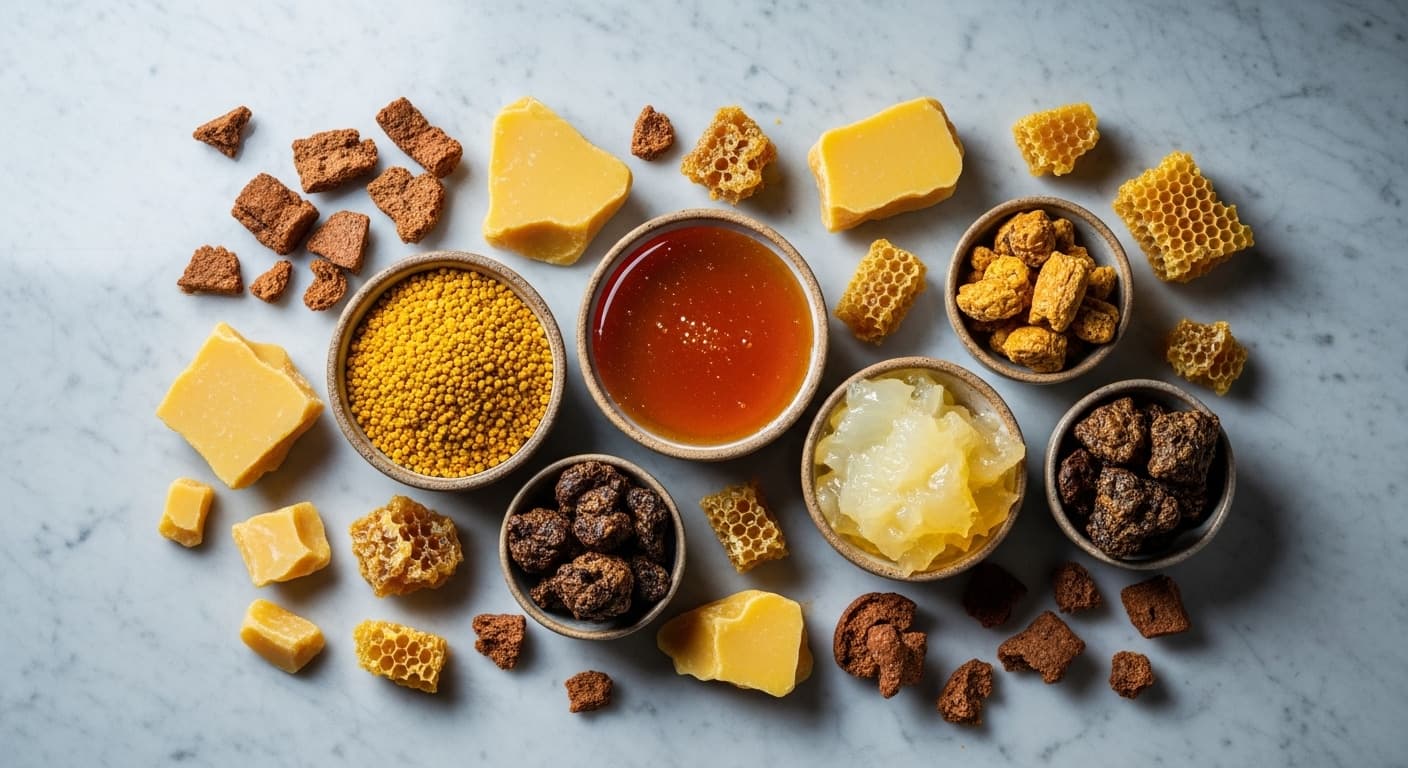 Verschiedene Bienenprodukte ansprechend präsentiert: Honig, Wachs, Propolis, Pollen