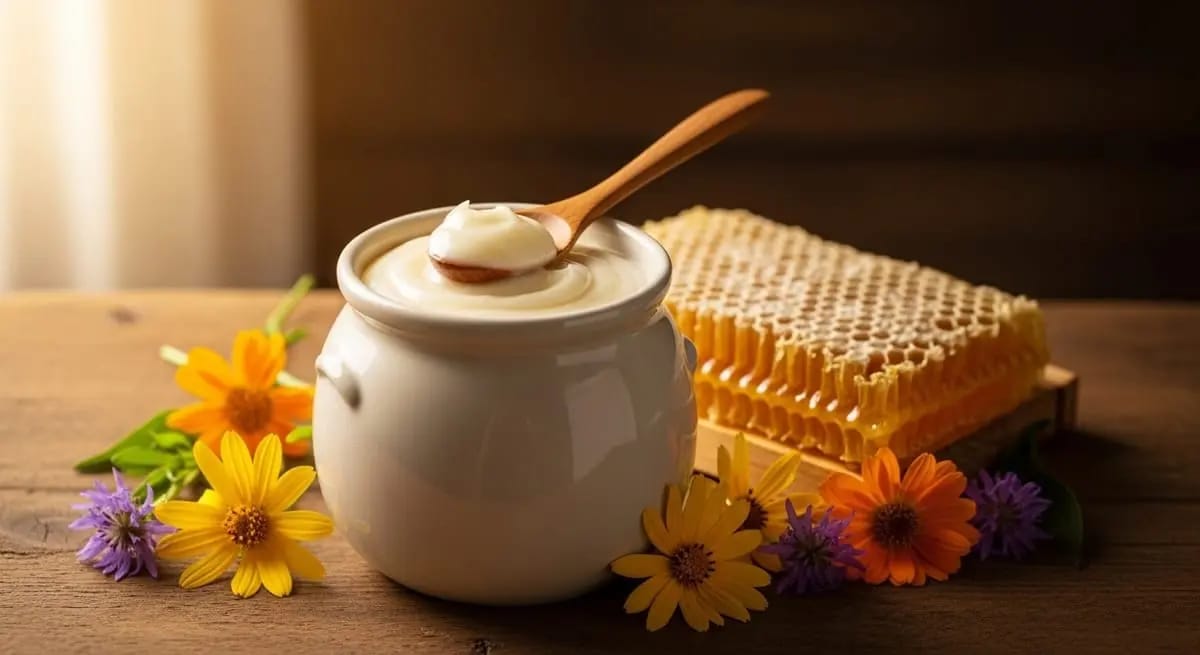 Honey jar with flowers and comb piece