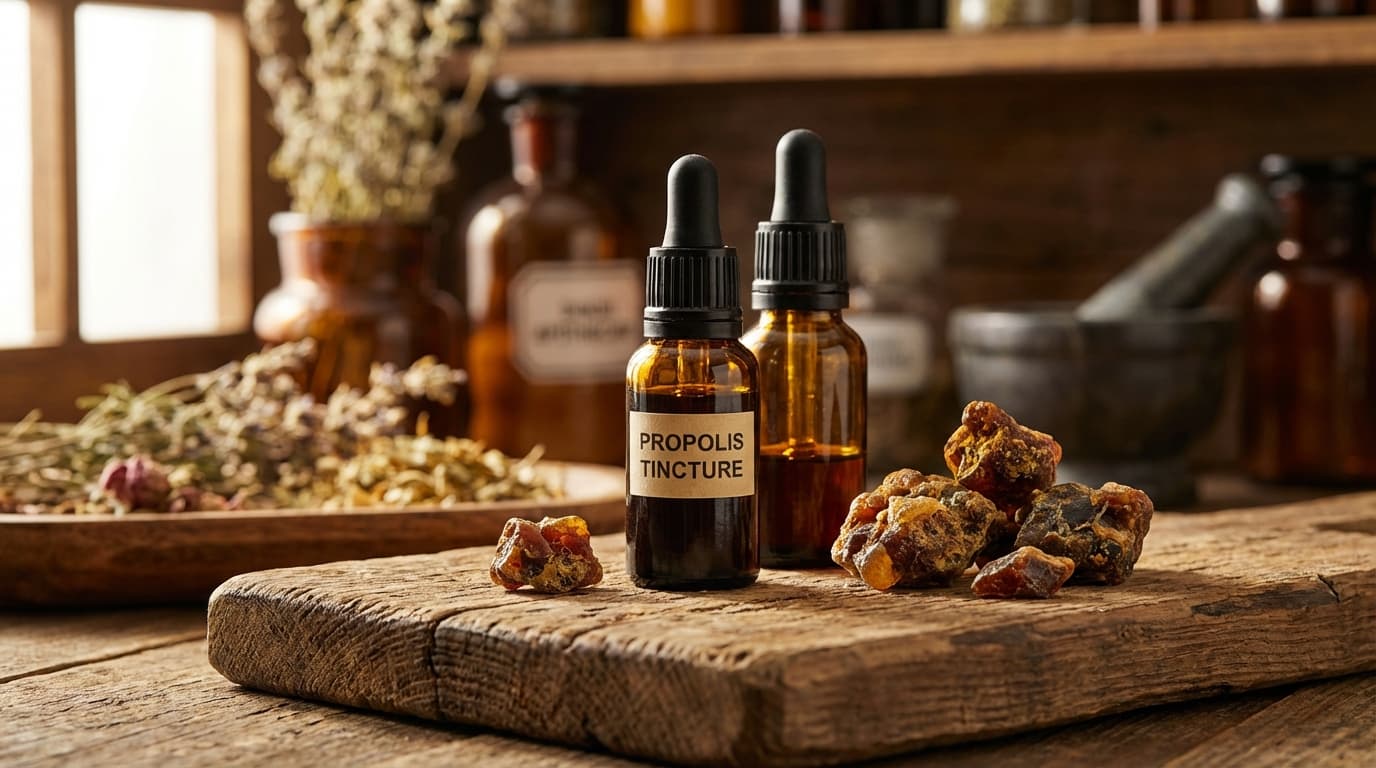 Propolis-Tinktur in einer dunklen Glasflasche neben rohem Propolis