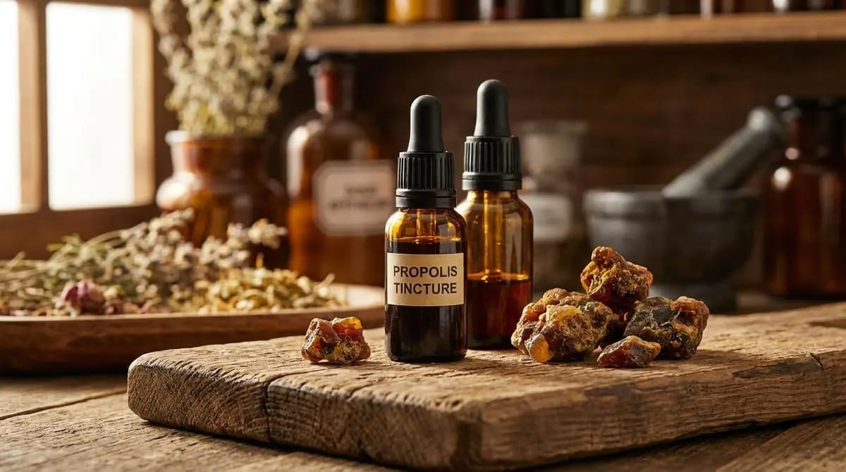 Propolis tincture in a dark glass bottle next to raw propolis