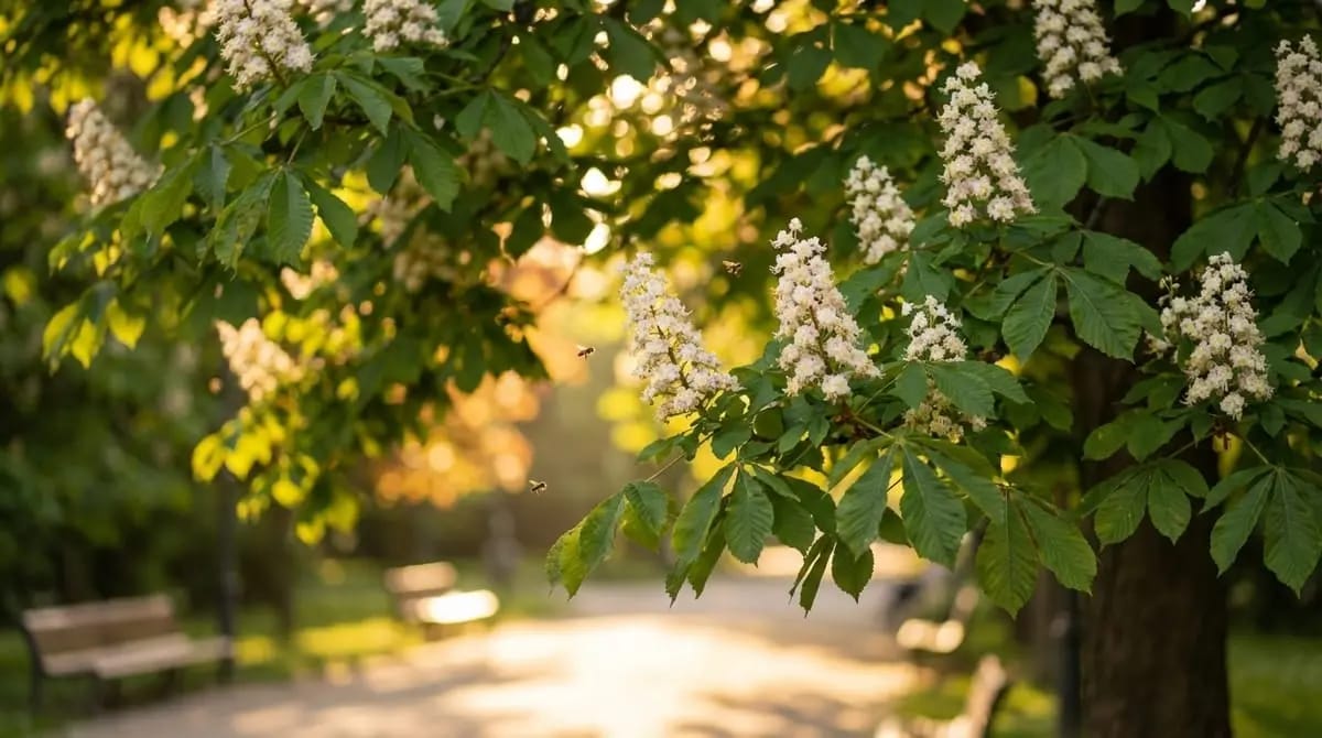 Blooming white flower candles of a horse chestnut tree above a park path, with two flying bees and park benches in golden-green bokeh background.