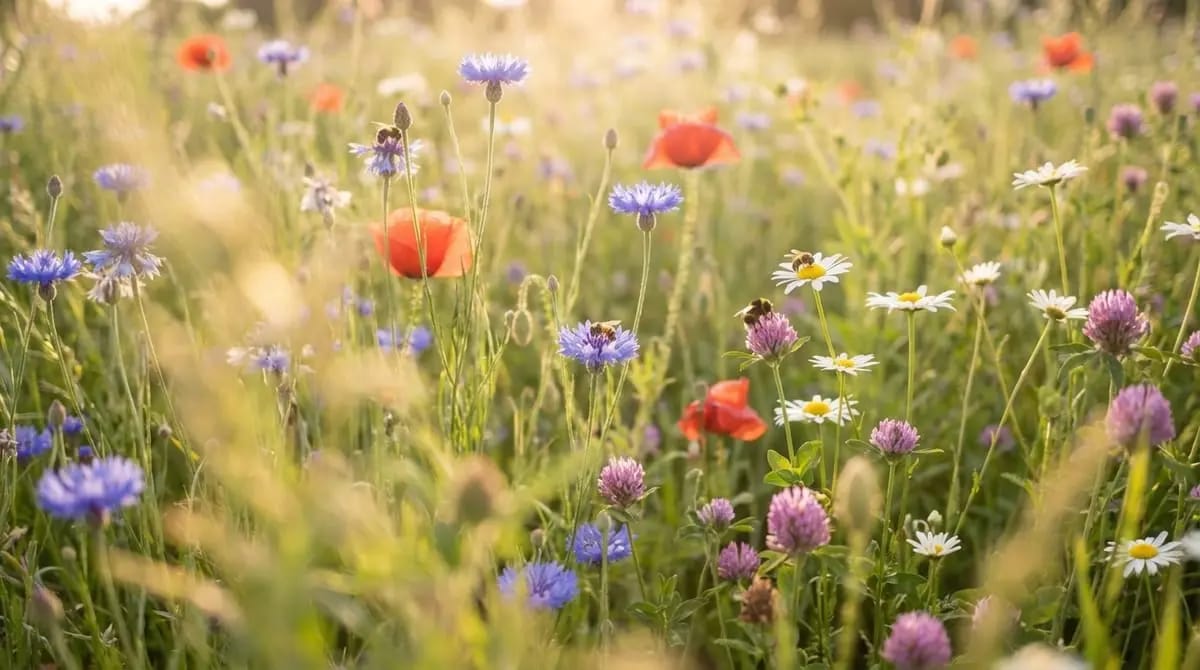 A summer wildflower meadow with red poppies, blue cornflowers, white ox-eye daisies and pink clover in warm evening light, with two visible bees.